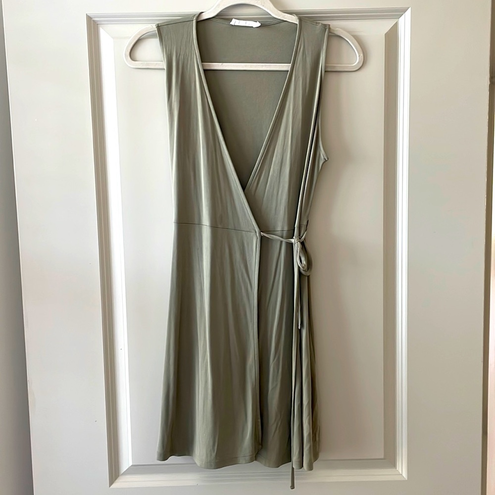 Sleeveless sage green wrap dress